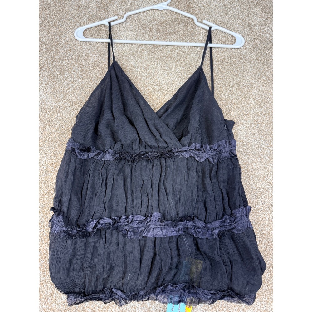 NWT Catherine Malandrino Black 100% Silk Crinkled Tiered Ruffle Cami Top Large L